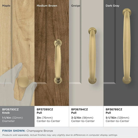 Comparison of 1-1/4in Champagne Bronze cabinet knob with pulls in various wood tones, showing size and finish differences.