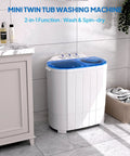 Compact Electric Washer And Dryer Combo Featuring Separate Wash And Spin Bins, No Sweat Gravity Drain, Easy As Pie Timer Controls, Quick Fresh Clean Gear, Perfect Spot For RV Setups, College Dorms, And Small Apartments in a bathroom setting.