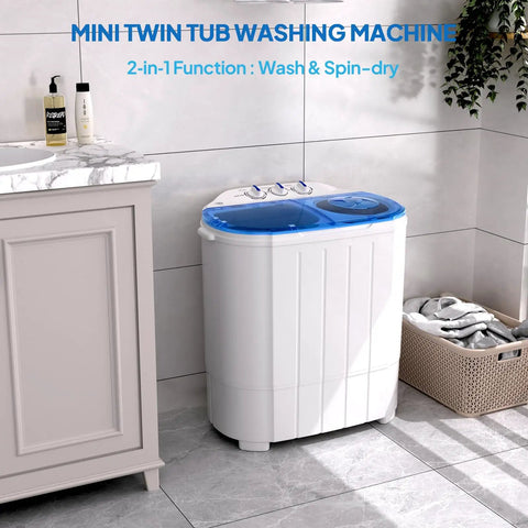 Compact Electric Washer And Dryer Combo Featuring Separate Wash And Spin Bins, No Sweat Gravity Drain, Easy As Pie Timer Controls, Quick Fresh Clean Gear, Perfect Spot For RV Setups, College Dorms, And Small Apartments in a bathroom setting.