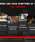 Infographic displaying four car trouble symptoms: oil leaks, unsmooth steering, engine overheating, and unusual noises.
