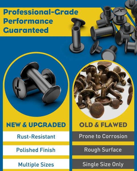Badass Leather Chicago Screw Kit With 110 Set M5 And M4 Rivets Comes With Awl And Screwdriver For Bookbinding And Leatherwork Heavy Duty Carbon Steel Construction, showcasing new rust-resistant screws.