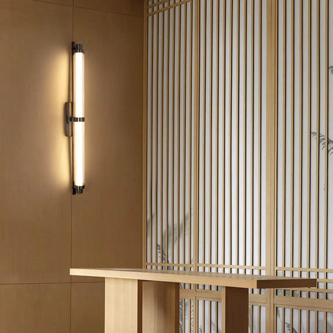 JGSYD Led Modern Wall Lamp Indoor with Remote Control Wall Light 2700K-6500K Dimmable Wall Sconce Long Strip Decorative Wall Lighting Stainless Steel for Bedroom Hallway Living Room,Black-70Cm on a wood panel wall.