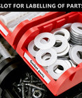 Close-up of 90 Piece Wall Mounted Plastic Storage Bins Organizer with labeled parts containing screws and gaskets in red bins.