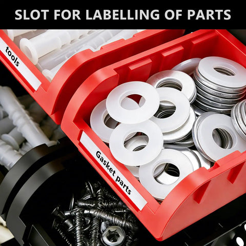 Close-up of 90 Piece Wall Mounted Plastic Storage Bins Organizer with labeled parts containing screws and gaskets in red bins.
