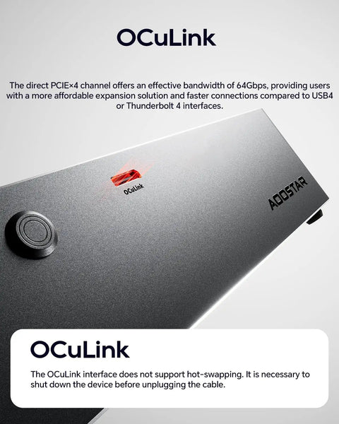 Heavy Duty Oculink Egpu Docking Station Featuring Rock Solid 800W Power Supply Optimized For Nvidia Rtx And Amd Radeon Cards To Level Up Your Gaming Rig Setup, close-up view of connector and branding.