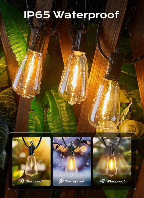 100 Foot Outdoor String Lights ST38 Shatterproof LED Bulbs shown in waterproof condition on a wooden background.