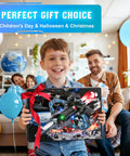Child holding boxed Foam RC Plane For Kids And Adults With Four Rechargeable Batteries Cool LED Lights 360 Degree Flip Stunt Jet Remote Control Airplane Toy Gift For Ages 6 And Up, family in background