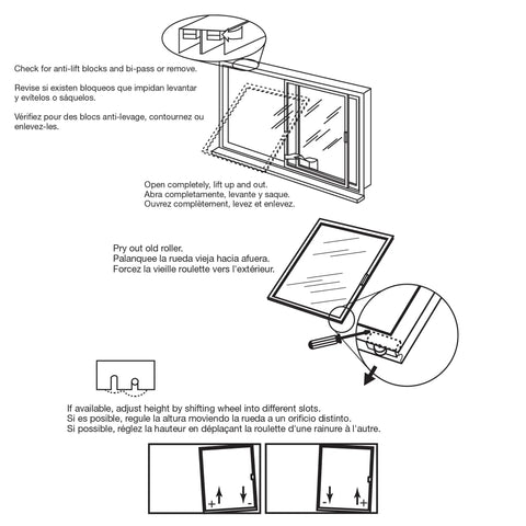 Instructional diagram for No Hassle Horizontal Sliding Window Rollers 2 Pack Heavy Duty Tandem Track Assemblies replacement steps.