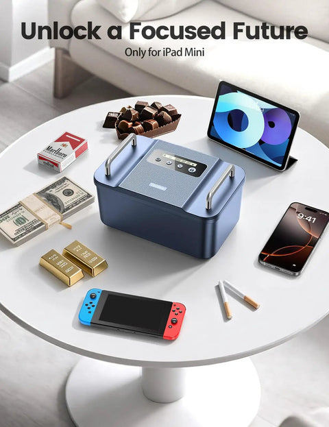 Timed Lock Box With Dual Metal Handles To Unplug From Your Phone Video Games And Social Media A Lockable Storage Box on table