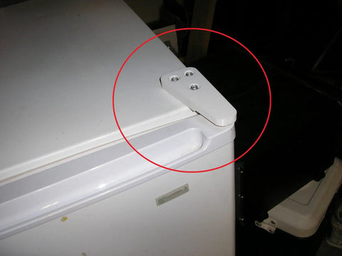 Top Hinge For Mini Compact Freezers 302985 303001 Made In USA Replacement For Kenmore Maytag Frigidaire Sanyo Right Or Left Side White Upper Door Hinge Holds 35 Lbs In The Door installed on freezer