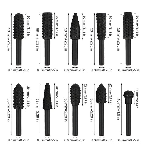 Roll Up Your Sleeves And Get Work Done Fast With This Rock Solid 10 Piece Rotary Rasp File Set Featuring A Standard Quarter Inch Hex Shank Engineered To Crunch Through Hardwood Or Softwood Like Butter, showcasing various rotary rasp bits in different shapes and sizes.