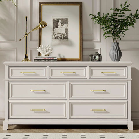 White dresser with Brushed Gold Cabinet Pulls 10 Pack, 5 Inch Hole Center Drawer Handles, shown in home setting.