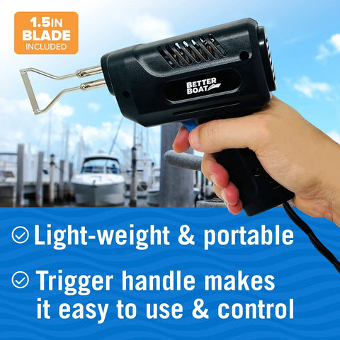Hand holding Hot Knife Rope Cutter With Heated Sealing For Quick, Clean Cuts Of Nylon, Polyester And Plastic.