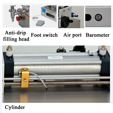 Top Shelf Pneumatic Horizontal Paste Filler With Slick Drip Free Performance And No Sweat Hassle Setup For Ketchup Honey Oil Lubricant Shampoo Cream 500 To 5000 Ml components including anti-drip filling head and cylinder.