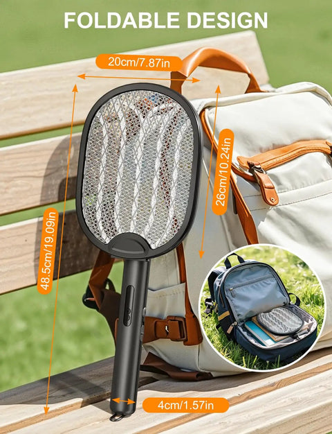 Foldable Electric Fly Swatter Bug Zapper Racket With 4000V Power, 1800mAh rechargeable battery, and 5 layer safety mesh.