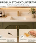 Slick Modern Freestanding Bathroom Vanity In Muted Sage With Frosted Led Mirror Cabinet And Warm Gold Trim Delivering Plenty Of Storage For A Total Bathroom Glow Up with premium stone countertop