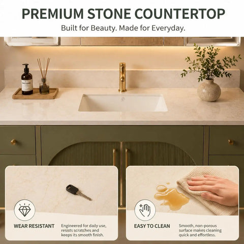 Slick Modern Freestanding Bathroom Vanity In Muted Sage With Frosted Led Mirror Cabinet And Warm Gold Trim Delivering Plenty Of Storage For A Total Bathroom Glow Up with premium stone countertop