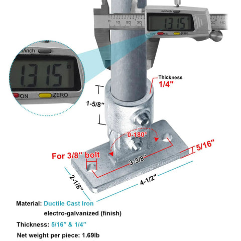 Two Pack Swivel Handrail Socket Base For 1 Inch Pipe Fits 1.315 Inch Outside Diameter, Heavy Duty Ductile Cast Iron With Electro Galvanized Blue Finish, Corrosion Resistant, No Burrs, Wall Mount Socket Bases. image of wall-mount socket base with 1.315 in pipe and 180° swivel