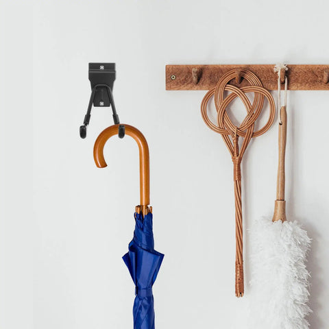 King Pin Black Metal Wall Mount Hooks Heavy Duty Coat Hat Hanger holding a blue umbrella for home organization