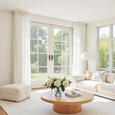 Living room with white curtains on Durable Aluminum Curtain Track Rod Set With Hooks, No Fuss Adjustable 6Ft To 9Ft Length, Wall Or Ceiling Mount.