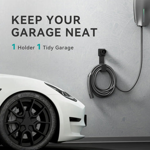 Heavy Duty Wall Mount EV Charger Holder for Tesla Connector and stainless steel cable management in garage