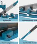 Top Shelf Pvc Cable Tray Cutter With Built In Dual Scale Ruler For Open Plastic Wiring Trunking showing sharp blades and slider adjustment.