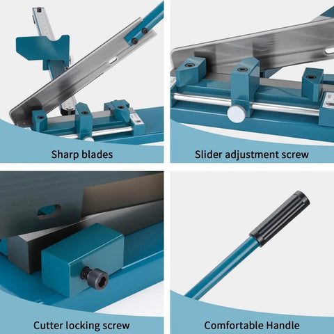 Top Shelf Pvc Cable Tray Cutter With Built In Dual Scale Ruler For Open Plastic Wiring Trunking showing sharp blades and slider adjustment.
