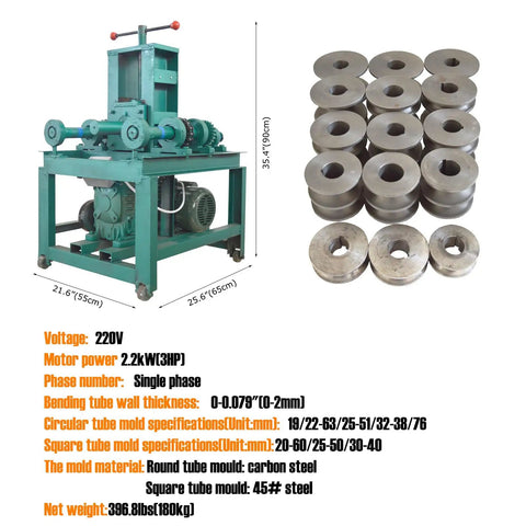WYDDDARY 220V 3HP Electric Pipe Bender Machine for Round And Square Steel Tubes with tool specifications and dimensions.