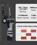 Heavy Duty Mini Belt Sander And Angle Grinder Tool Featuring Variable Speed Motor, showing dimensions and adjustable speed specifications.