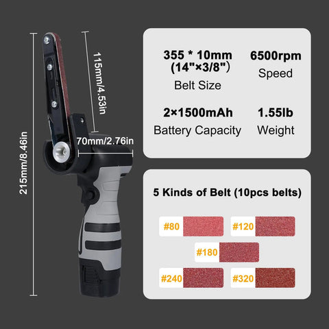 Heavy Duty Mini Belt Sander And Angle Grinder Tool Featuring Variable Speed Motor, showing dimensions and adjustable speed specifications.
