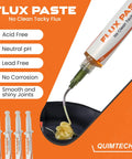 Close-up of Rosin Flux Gel Paste For Electronics Soldering, Tacky No Clean Flux Syringe 10 G being dispensed.