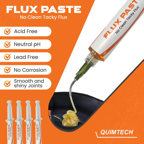 Close-up of Rosin Flux Gel Paste For Electronics Soldering, Tacky No Clean Flux Syringe 10 G being dispensed.