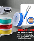 Solid 22 Gauge Hookup Wire Kit With Six Color Cables, 25 Feet Each, Tinned Copper Core, PVC Insulation, 300V set displayed.