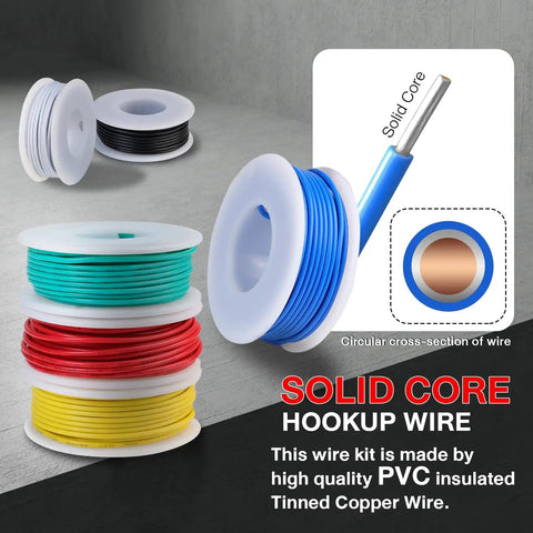 Solid 22 Gauge Hookup Wire Kit With Six Color Cables, 25 Feet Each, Tinned Copper Core, PVC Insulation, 300V set displayed.