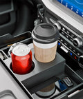 Front Center Seat Headrest Organizer For Ford F-Series Jump Seat Consoles with cup holder and coin storage in use
