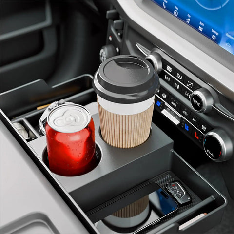 Front Center Seat Headrest Organizer For Ford F-Series Jump Seat Consoles with cup holder and coin storage in use