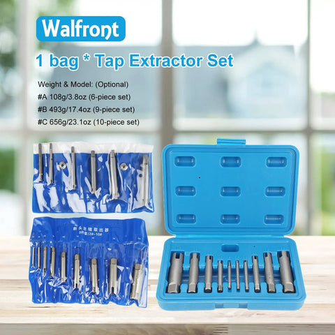 10 Pcs Tap Extractor Set For Broken Screws And Fasteners Steel Screw Remover Tools in blue plastic case, various sizes.