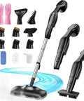 No Fuss Heavy Duty Steam Mop With Seventeen Attachments And Adjustable Two Sixty Degree Flow showing mop and cleaning accessories.
