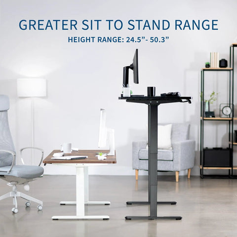 Vivo Black Standing Desk 71 By 36 Inches Electric Height Adjustable Sit Stand Workstation displayed with two different height settings.