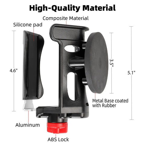 Side view of a heavy-duty magnetic cup holder with 88 lb grip, showing composite and aluminum materials, 12 neodymium magnets.