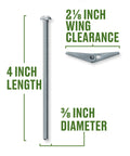 Round Head Machine Screw Toggle Bolts Three Eighths Inch By Four Inch, 25 Pack For Drywall Plaster Tile And Hollow Block, Spring Action Wings For Firm Backing And Even Load Distribution showing length, diameter and wing clearance