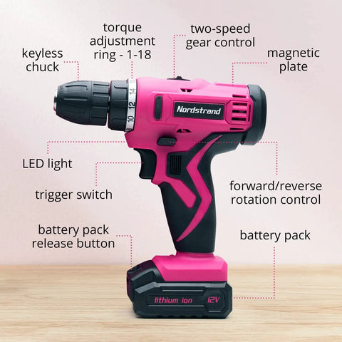 Pink Cordless Drill Set For Women, 12V Rechargeable Li-Ion Battery Kit featuring labeled components