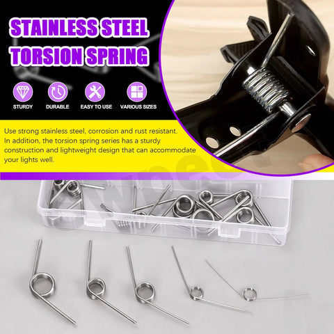 Front view: stainless steel torsion spring assortment kit, 45 pieces in 15 sizes (45/90/120°), for DIY projects