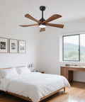 Geelife 42" 5PCS Solid Wood Blades Ceiling Fan with Lights Remote Control in modern bedroom setting with white bedding.