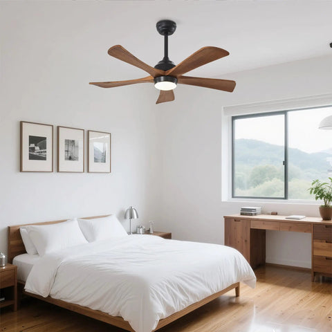 Geelife 42" 5PCS Solid Wood Blades Ceiling Fan with Lights Remote Control in modern bedroom setting with white bedding.
