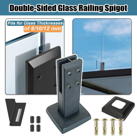 Double-Sided Glass Railing Spigot for 8/10/12 mm glass, black stainless steel, ideal for secure glass panel installations.