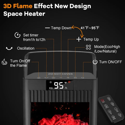 Infrared Sensor Space Heater With Realistic Fireplace Flame Effect 1500W Ceramic Oscillating Heater controls and display