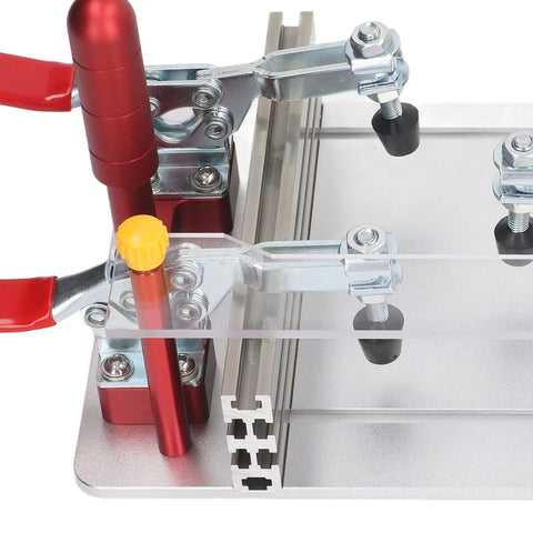 Close-up of Pro Grade Woodworking Coping Sled with 0 to 48mm adjustable fixture, clamps, and clear acrylic dust board for routers.