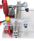 Close-up of Heavy Duty Aluminum Rail Coping Sled For Router Table with clamps, showing adjustable mechanism and 90° cuts guide.