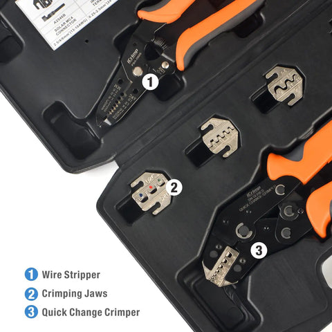 Quick Change Ratcheting Crimping Tool Kit For Auto Wiring Includes Five Die Sets Wire Stripper Carry Case in open case view